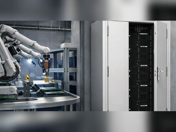 Mini data center server cabinet by Lehmann IT deployed in a manufacturing facility.