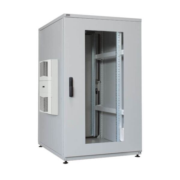 A compact 19-inch server cabinet from Lehmann IT featuring an integrated DX side cooling unit designed for small and mid-sized IT environments, highlighting efficient airflow and reliable heat removal.