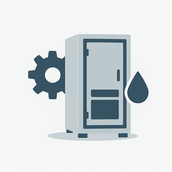 Symbolic illustration of an IP54-rated server cabinet by Lehmann IT, flanked by a gear and water droplet to represent dust and splash protection in industrial environments.