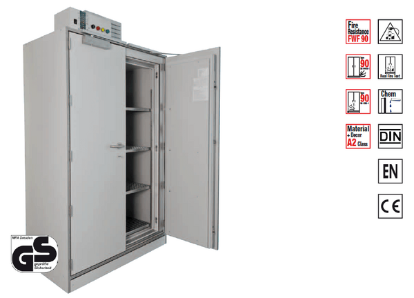Alt Text: Lehmann IT lithium-ion battery cabinet with fire-resistant construction, GS certification, and integrated ventilation system for safe industrial charging and storage