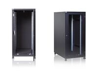 Two views of the black soundproofed 19-inch Office Rack Acoustic Silent 25U server cabinet by Lehmann IT: open front showing the acoustic foam lining, and an angled view with lockable glass door and castors.