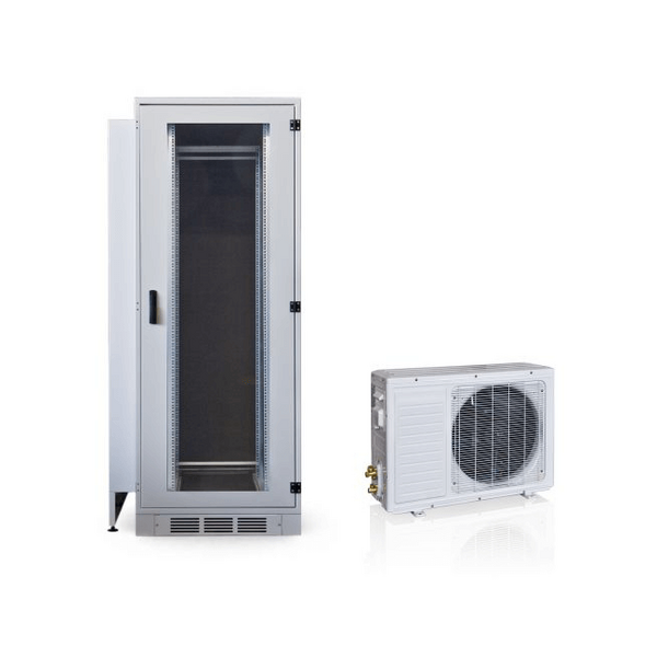 Air-conditioned 19-inch server cabinet built by Lehmann IT, featuring integrated cooling unit and precision German engineering in a clean industrial setting.