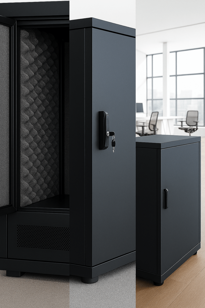 Lehmann IT acoustic server cabinet with soundproof insulation, secure locking, and airflow design—ideal for quiet office and school environments.