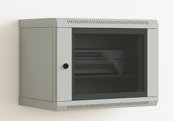 Wall-mounted 19” server cabinet by Lehmann IT, shown with lockable door and cable entry points for compact IT installations