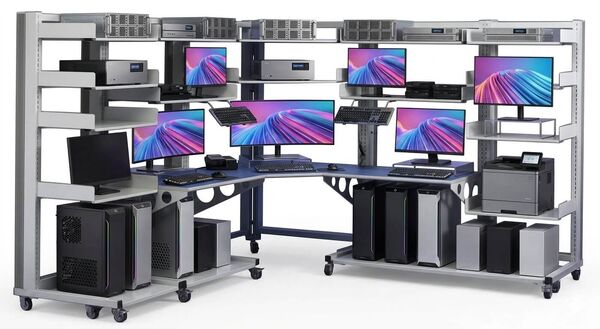 LAN rack control desk and IT workstation by Lehmann IT, a combined shelving and workstation system for IT labs and testing environments.