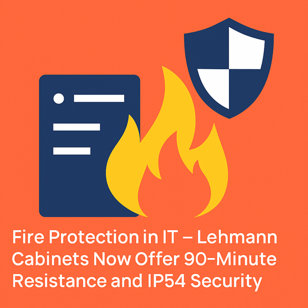 Symbolic representation of fire protection in IT infrastructure, highlighting Lehmann’s 90-minute fire-resistant server cabinets and IP54-rated safety solutions for industrial environments.