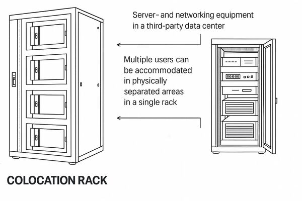 Symbolic illustration of a Lehmann IT colocation server rack with multiple lockable compartments, representing secure multi-user hosting in a professional data center environment.