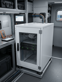 Shock-resistant mobile server cabinet by Lehmann IT installed aboard a ship, with vibration-isolation mounts, cable routing, and a mobile operations workstation.