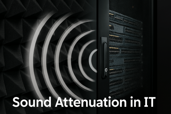 Symbolic image of a server cabinet surrounded by acoustic panels, with sound waves being absorbed—representing noise reduction in IT environments.