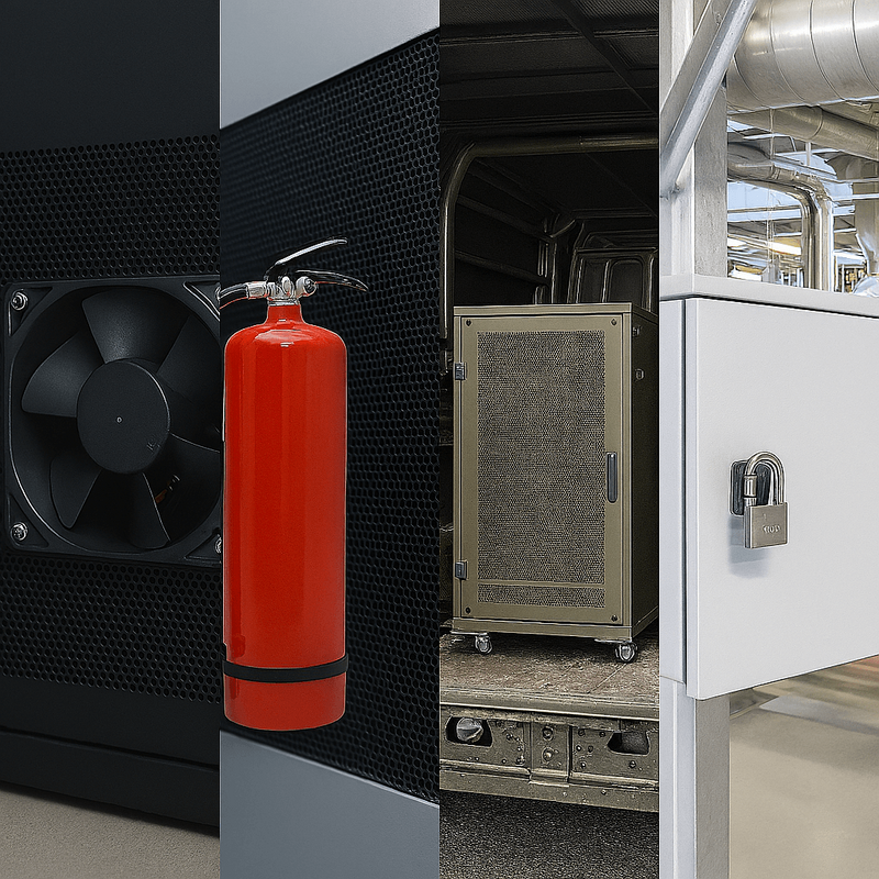 Lehmann IT custom server rack solutions for mobile use, IP-certified protection, cooling systems, acoustic insulation, and IT fire safety.