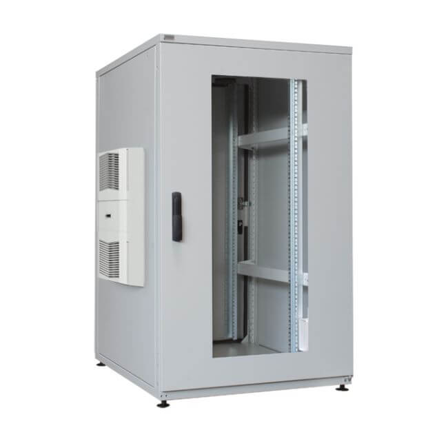 A compact 19-inch server cabinet from Lehmann IT featuring an integrated DX side cooling unit designed for small and mid-sized IT environments, highlighting efficient airflow and reliable heat removal.