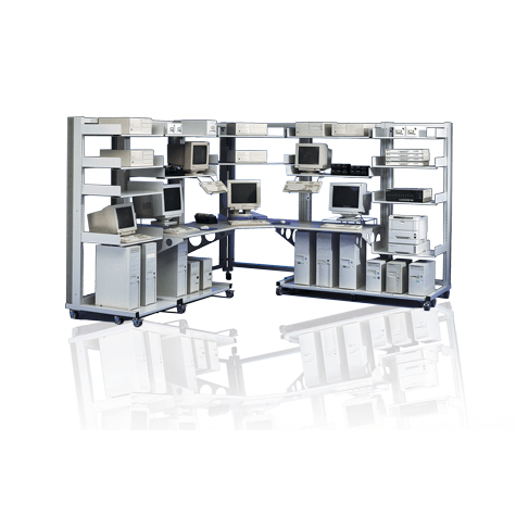 Professional IT laboratory workstations with racks designed for stability, load capacity, and hardware safety