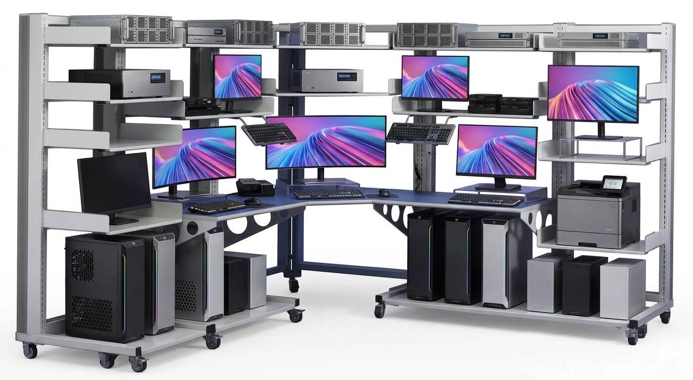 LAN rack control desk and IT workstation by Lehmann IT, a combined shelving and workstation system for IT labs and testing environments.