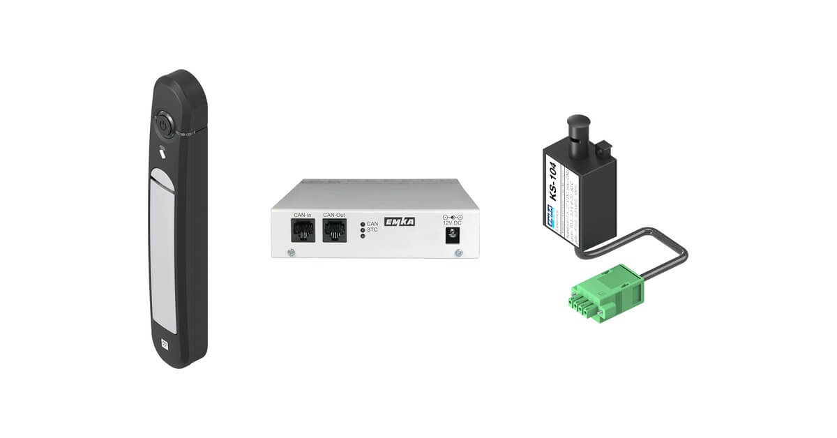 Two access solutions for 19-inch server cabinets from Lehmann IT: the AGENT E Wireless swivel handle with RFID card reader, and a lockable swivel handle mounted on a cabinet door with the key inserted.