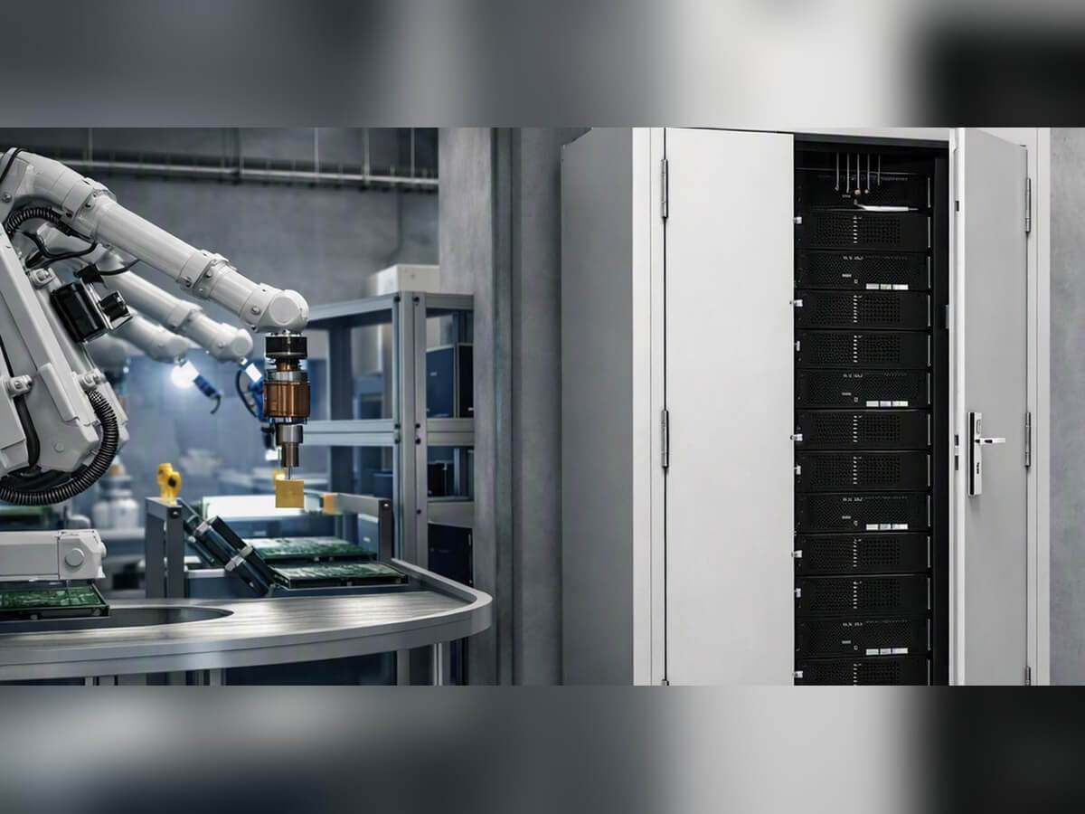 Mini data center server cabinet by Lehmann IT deployed in a manufacturing facility.