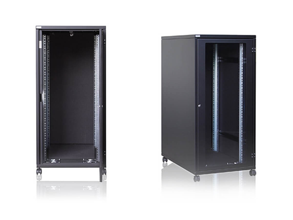 Two views of the black soundproofed 19-inch Office Rack Acoustic Silent 25U server cabinet by Lehmann IT: open front showing the acoustic foam lining, and an angled view with lockable glass door and castors.