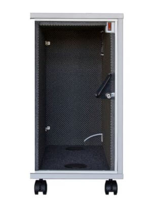 Lockable CPU container with dust and noise protection, featuring acrylic front door, rear access panel, cable inlet, fan control, and swivel castors – ideal for office, workshop, and production environments